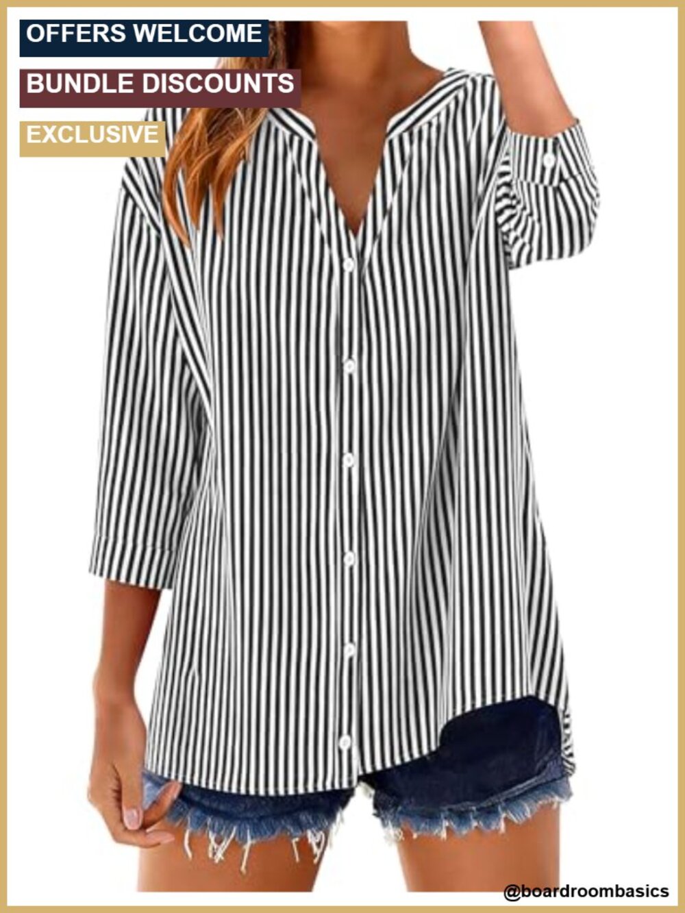 Cotton Gingham Stripe 3/4 Sleeve Button Down Blouse